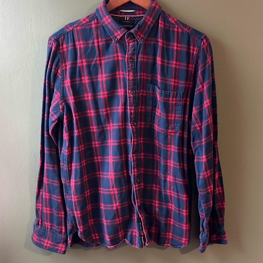 Denim & Flower - L - Flannel Slim Fit Red & Navy Long Sleeve Button Up
